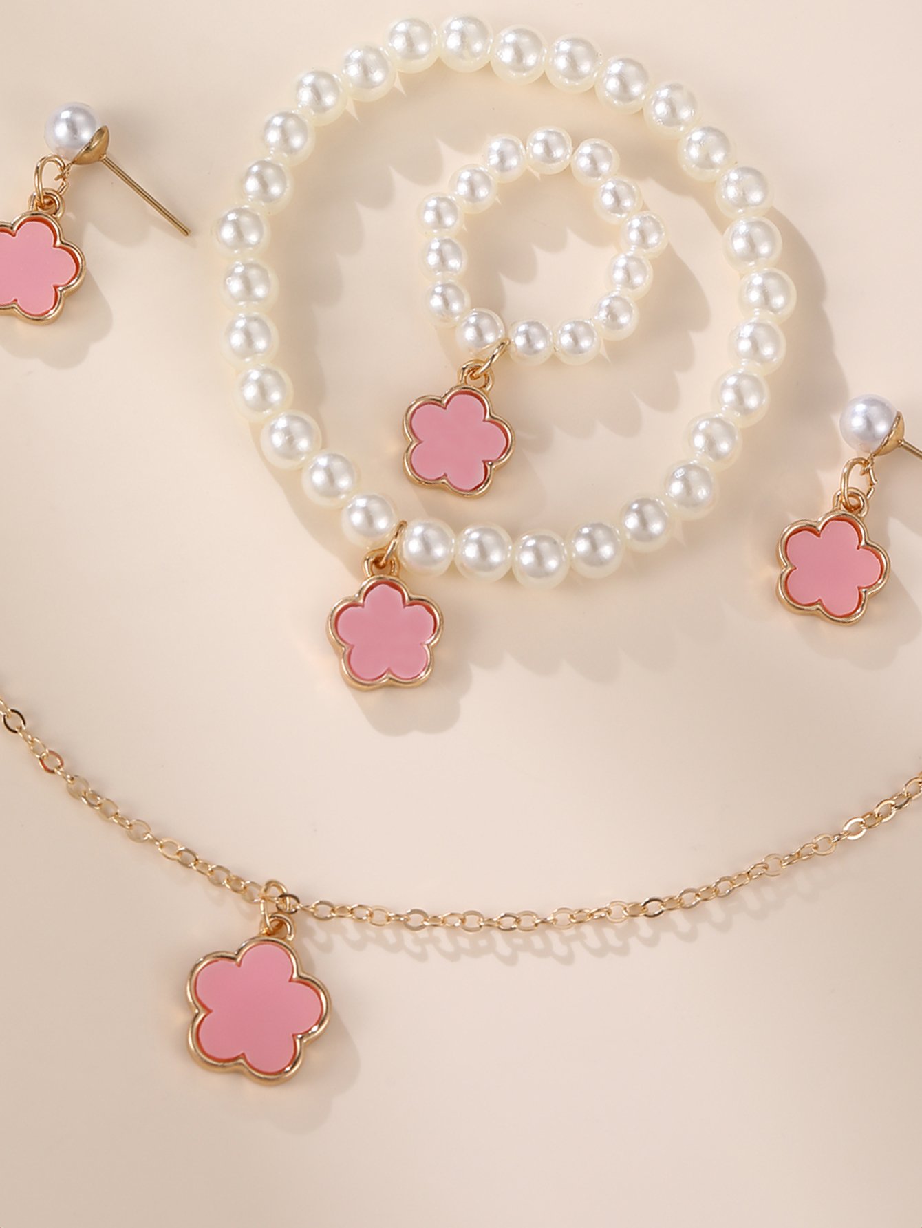 Light Pink Flower Jewelry Set - 5 Pcs Necklace, Bracelet, Ring and Earrings