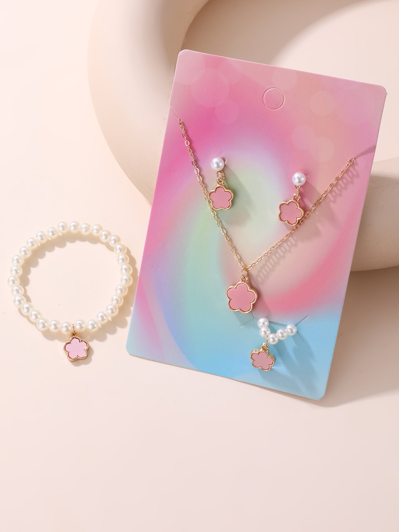 Light Pink Flower Jewelry Set - 5 Pcs Necklace, Bracelet, Ring and Earrings