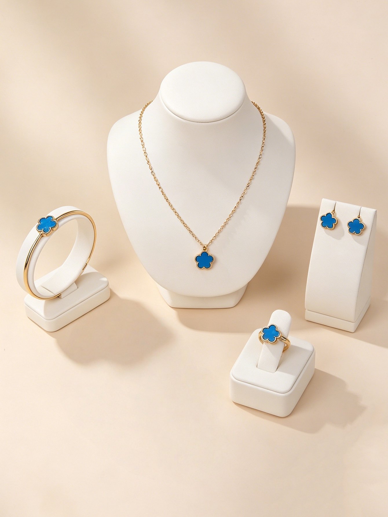 Blue Flower Jewelry Set - Necklace, Bracelet, Ring and Earrings