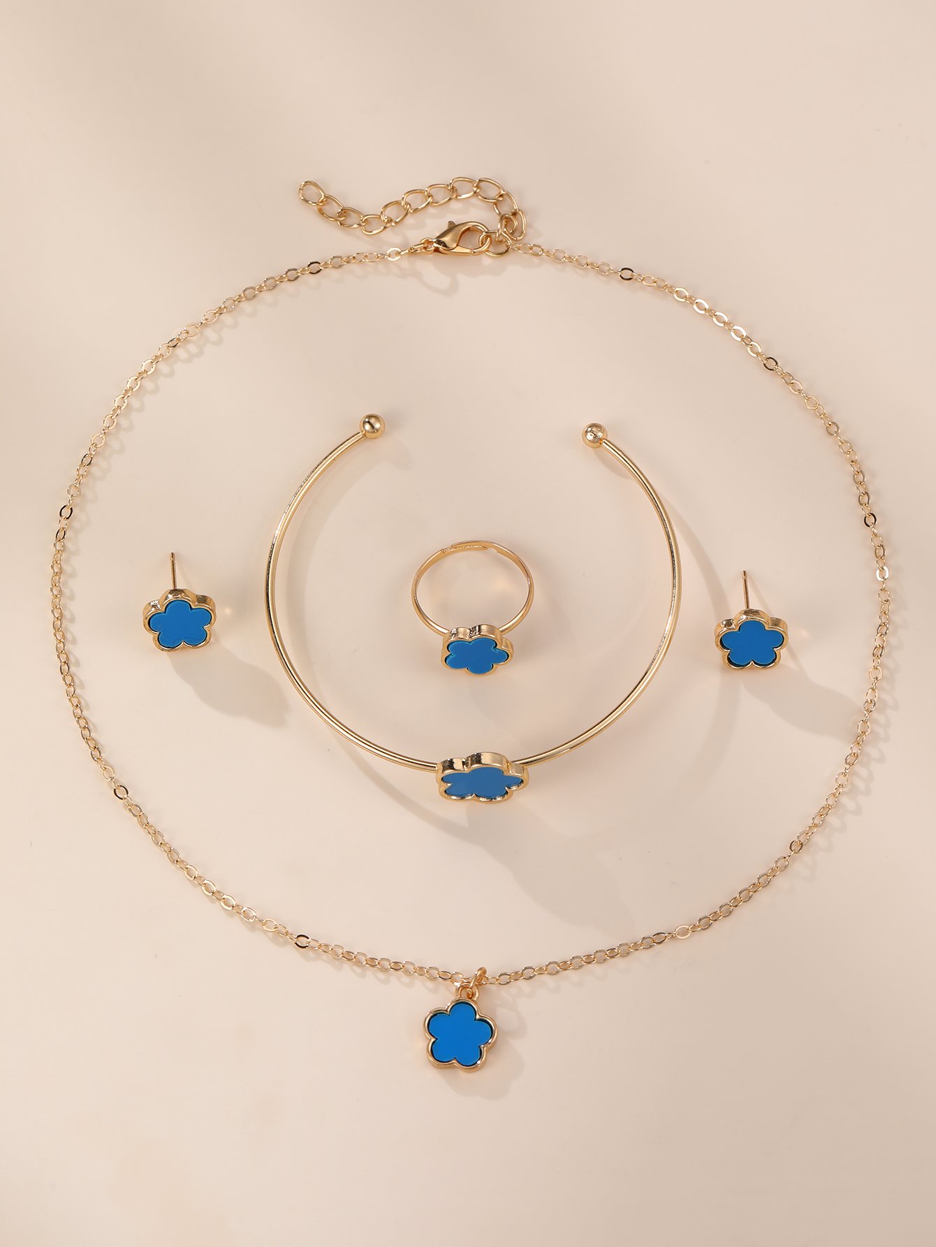 Blue Flower Jewelry Set - Necklace, Bracelet, Ring and Earrings