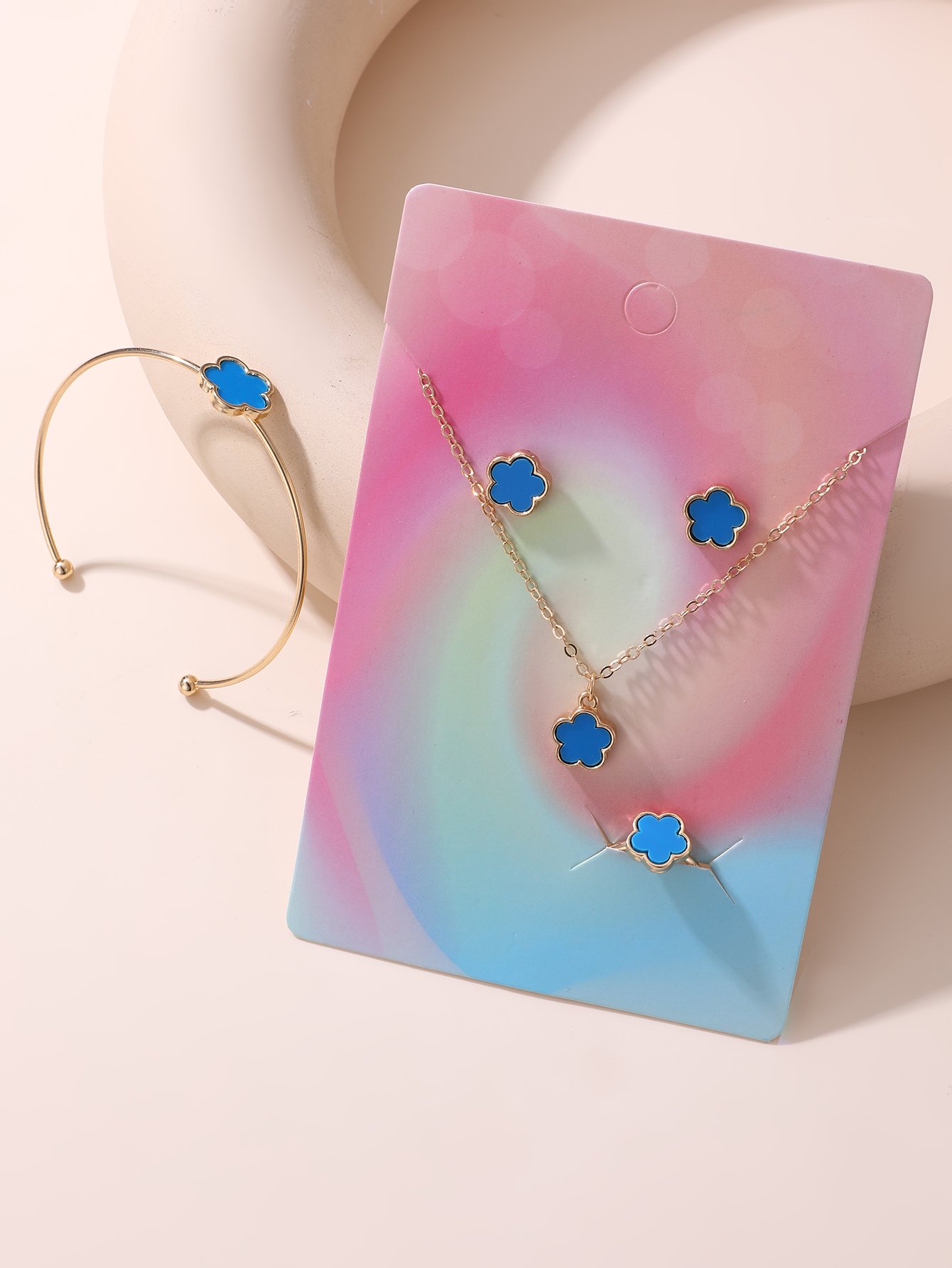 Blue Flower Jewelry Set - Necklace, Bracelet, Ring and Earrings