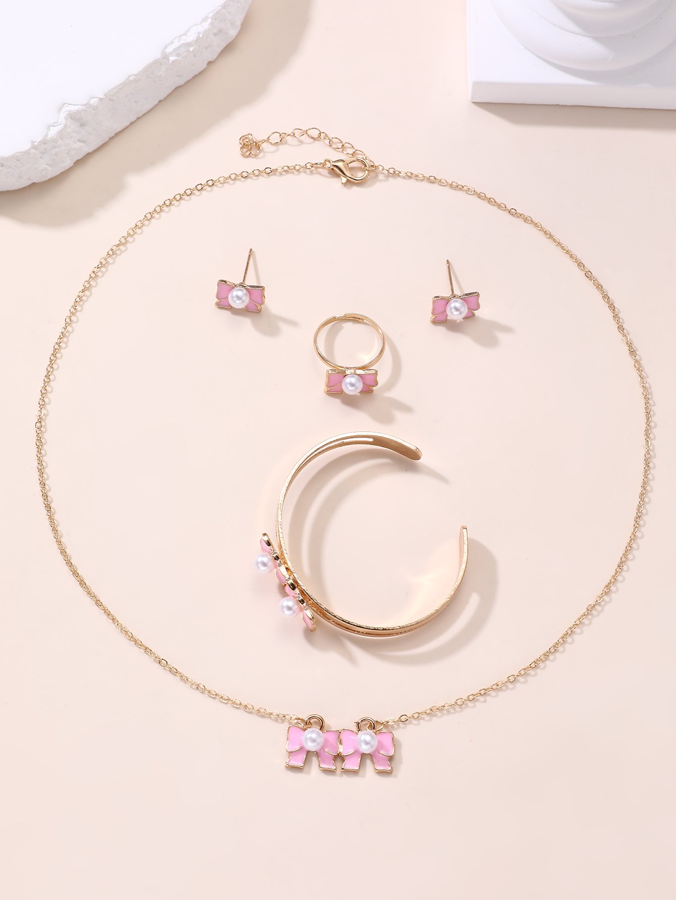 Set of 5 - Pink Bow And Pearl Jewelry Set