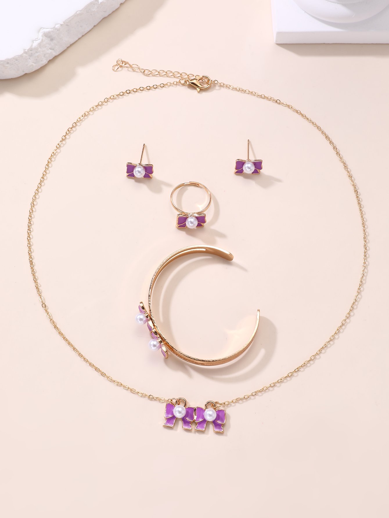 Girls Purple Bow and Pearl Charms Necklace, Bracelet, Ring and Earrings Set