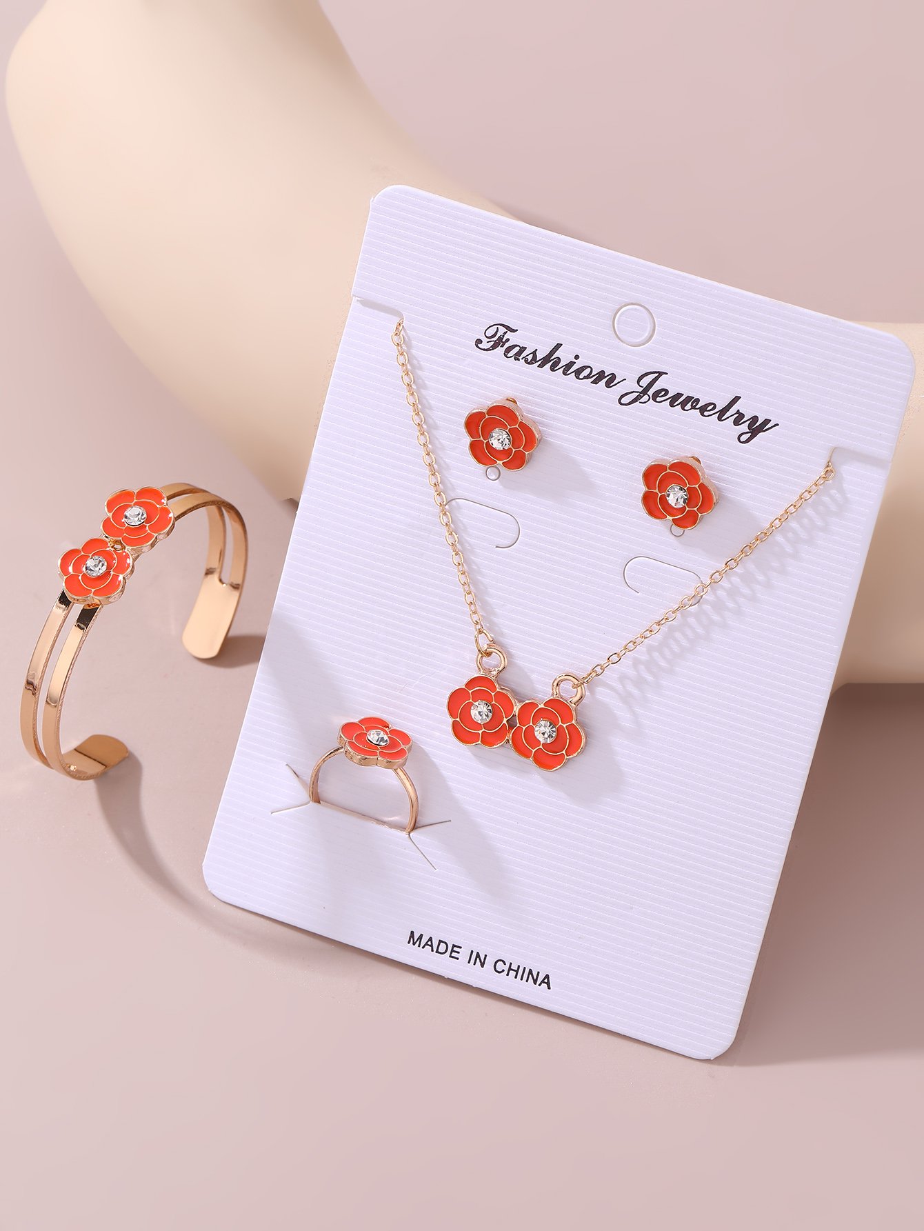 Girls Orange Flower Charm Necklace, Barcelet, Ring and Earrings Set