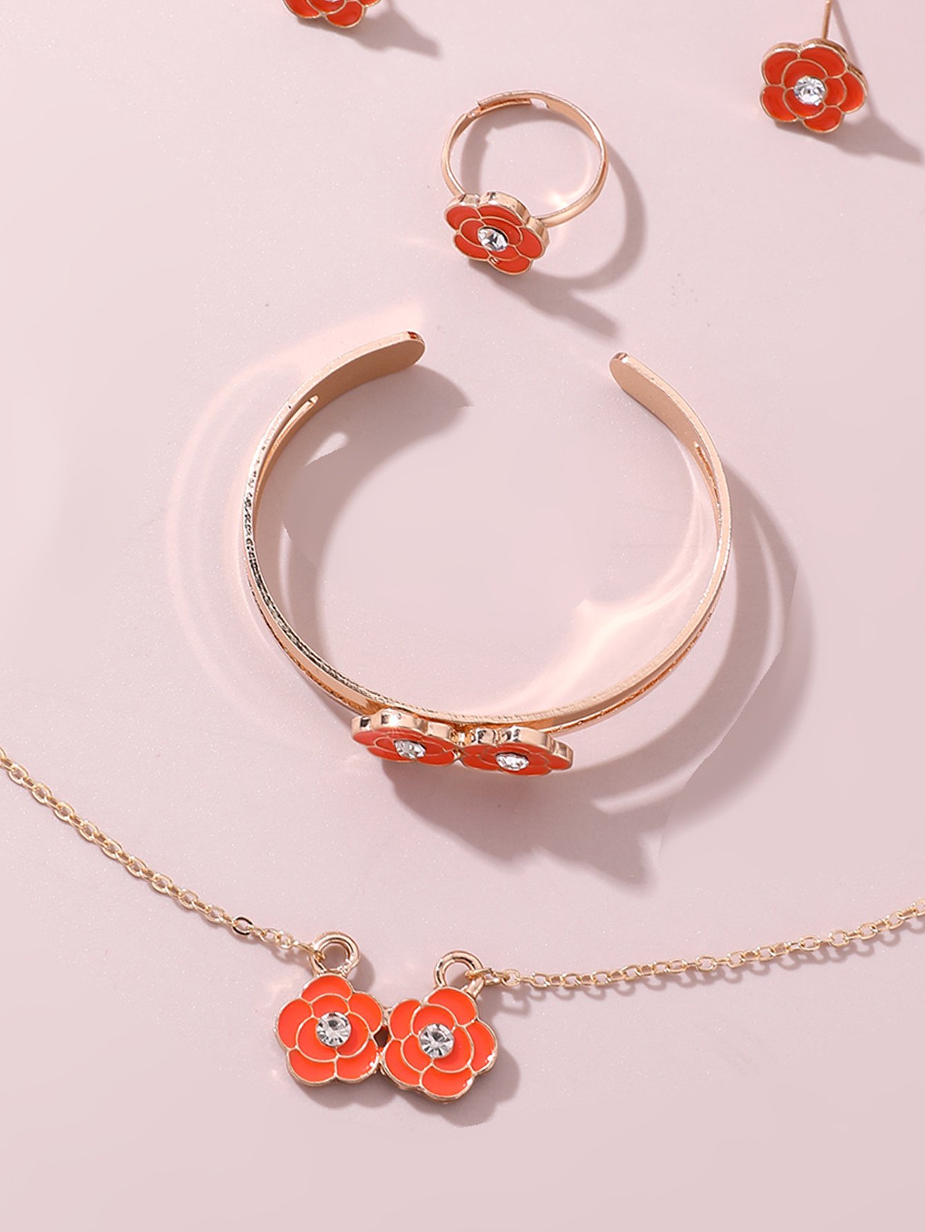 Girls Orange Flower Charm Necklace, Barcelet, Ring and Earrings Set