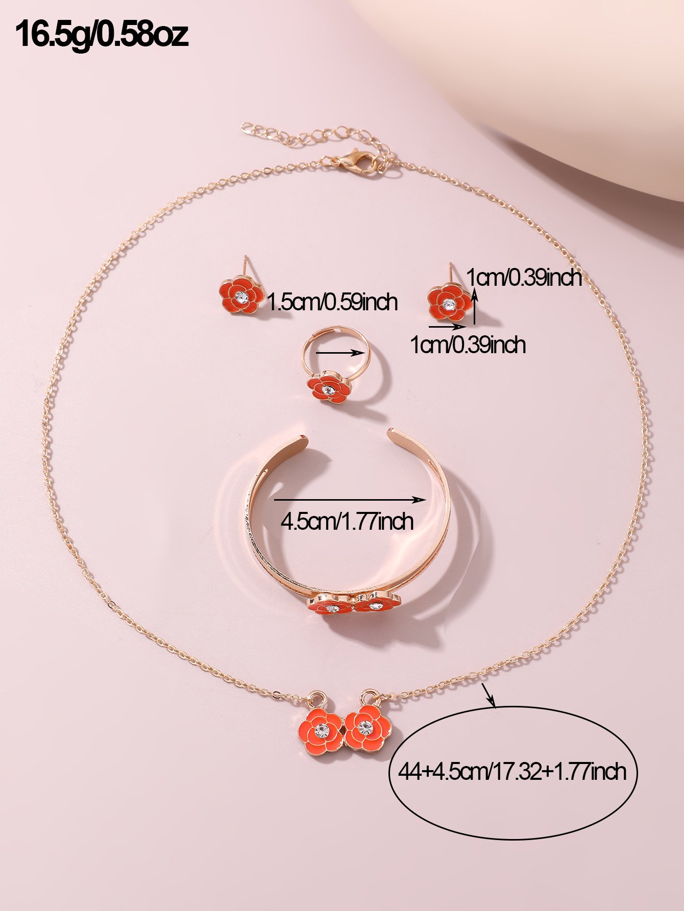 Girls Orange Flower Charm Necklace, Barcelet, Ring and Earrings Set