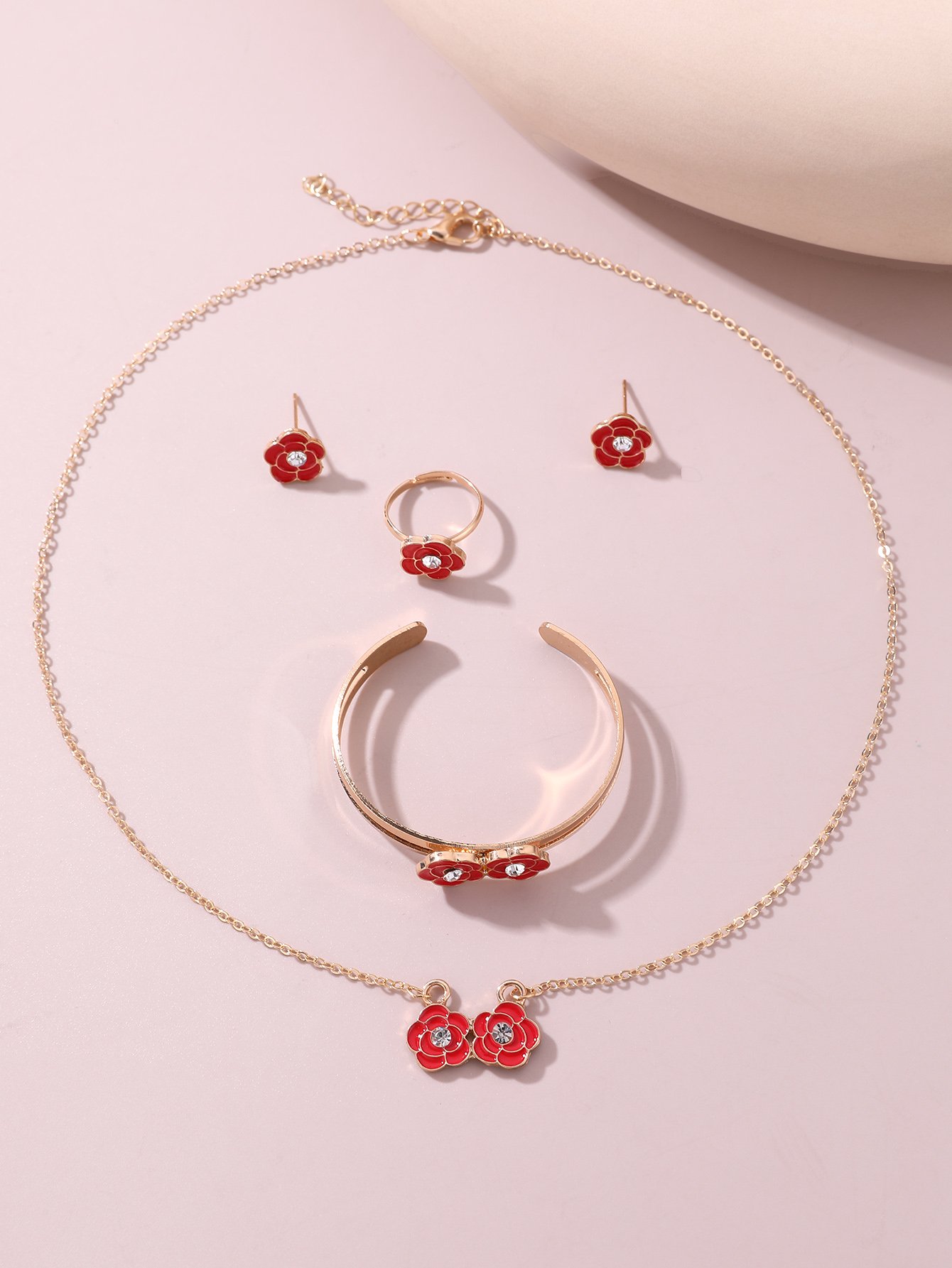 Girls Red Flower Charm Necklace, Bracelet, Ring and Earrings Set