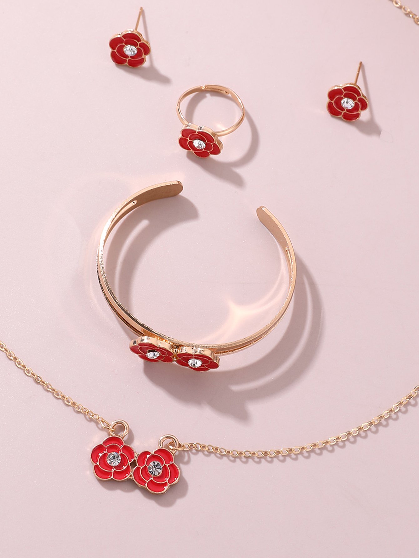 Girls Red Flower Charm Necklace, Bracelet, Ring and Earrings Set