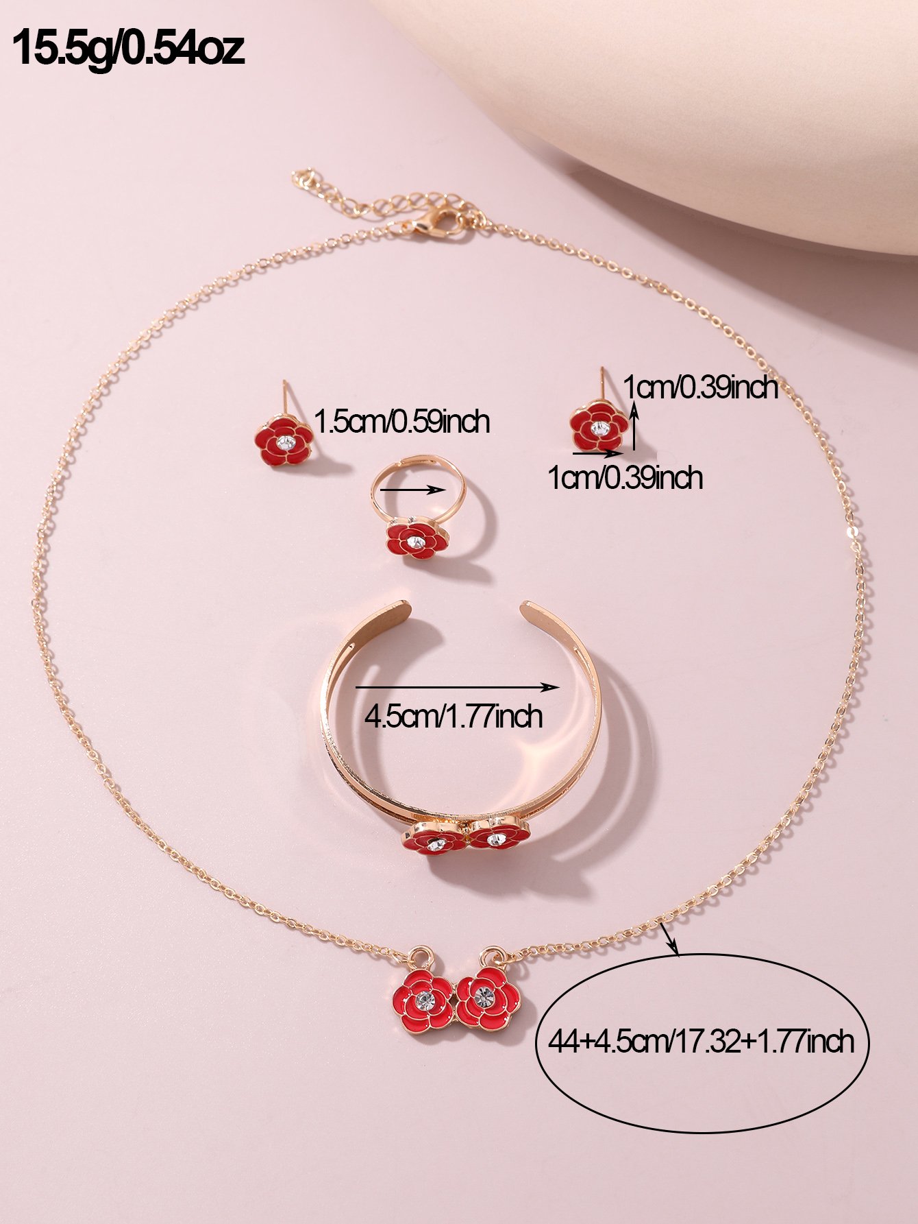 Girls Red Flower Charm Necklace, Bracelet, Ring and Earrings Set