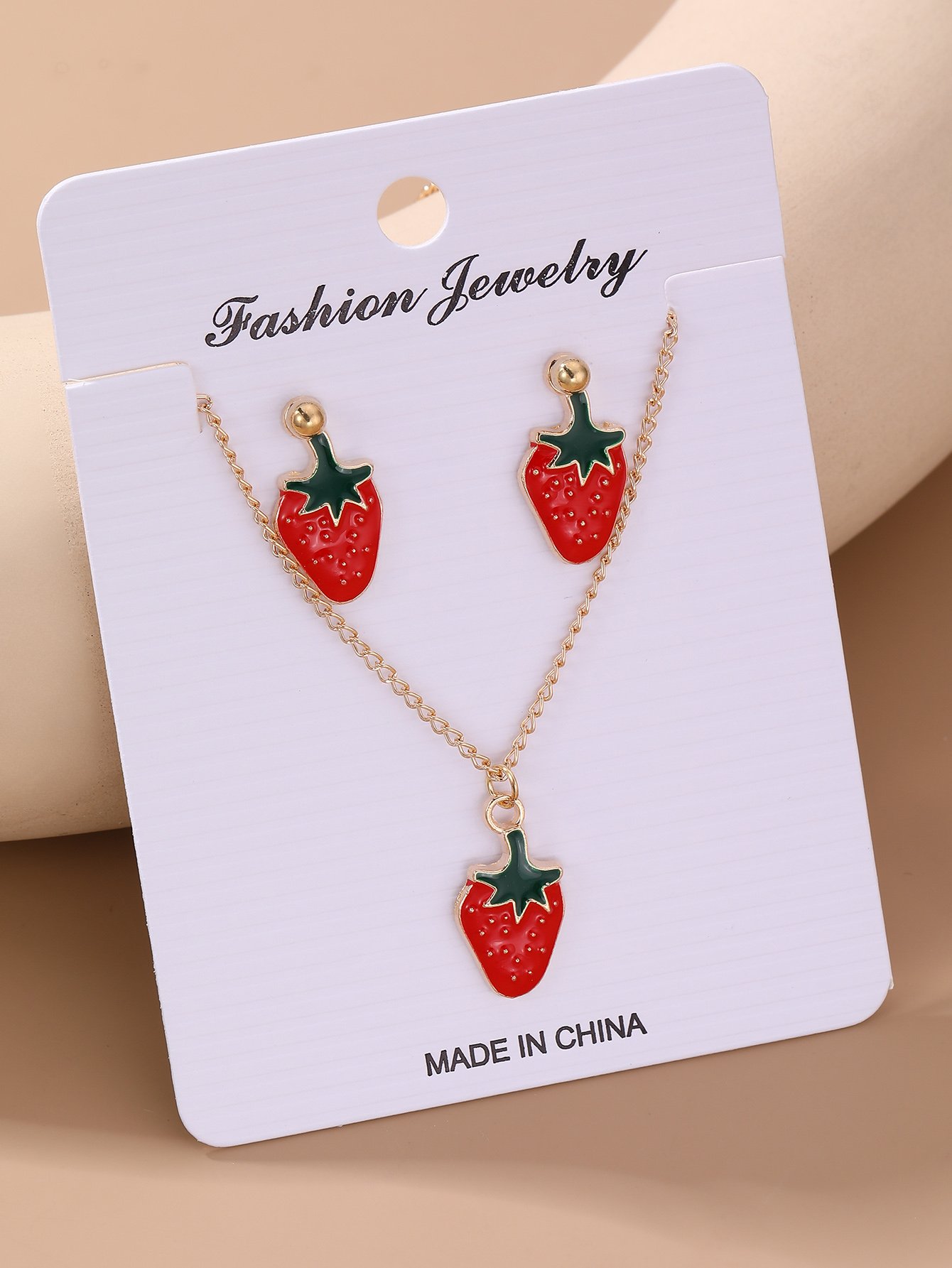 Girls Red Strawberry Charm Necklace and Earrings Set