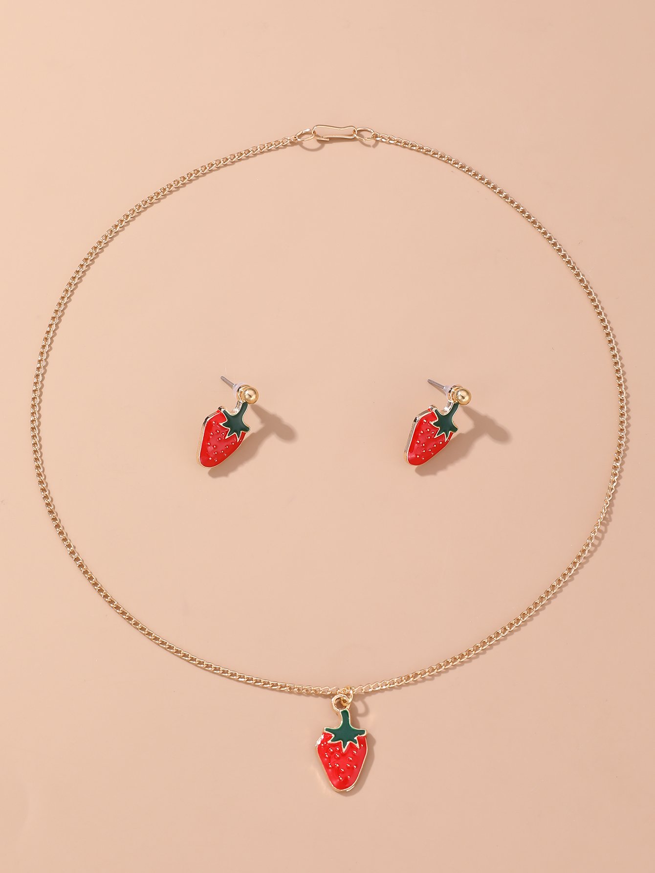 Girls Red Strawberry Charm Necklace and Earrings Set