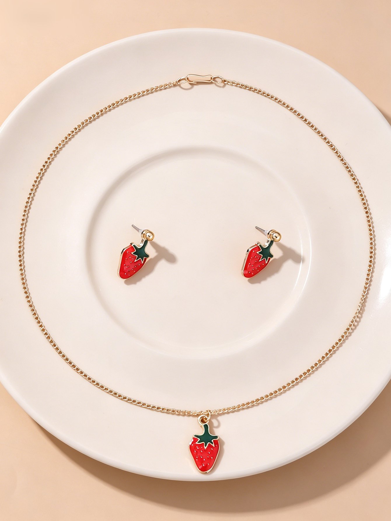 Girls Red Strawberry Charm Necklace and Earrings Set