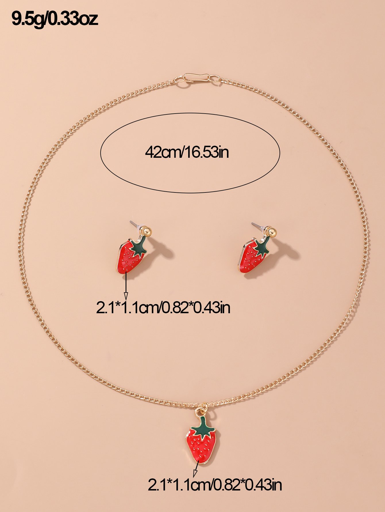 Girls Red Strawberry Charm Necklace and Earrings Set