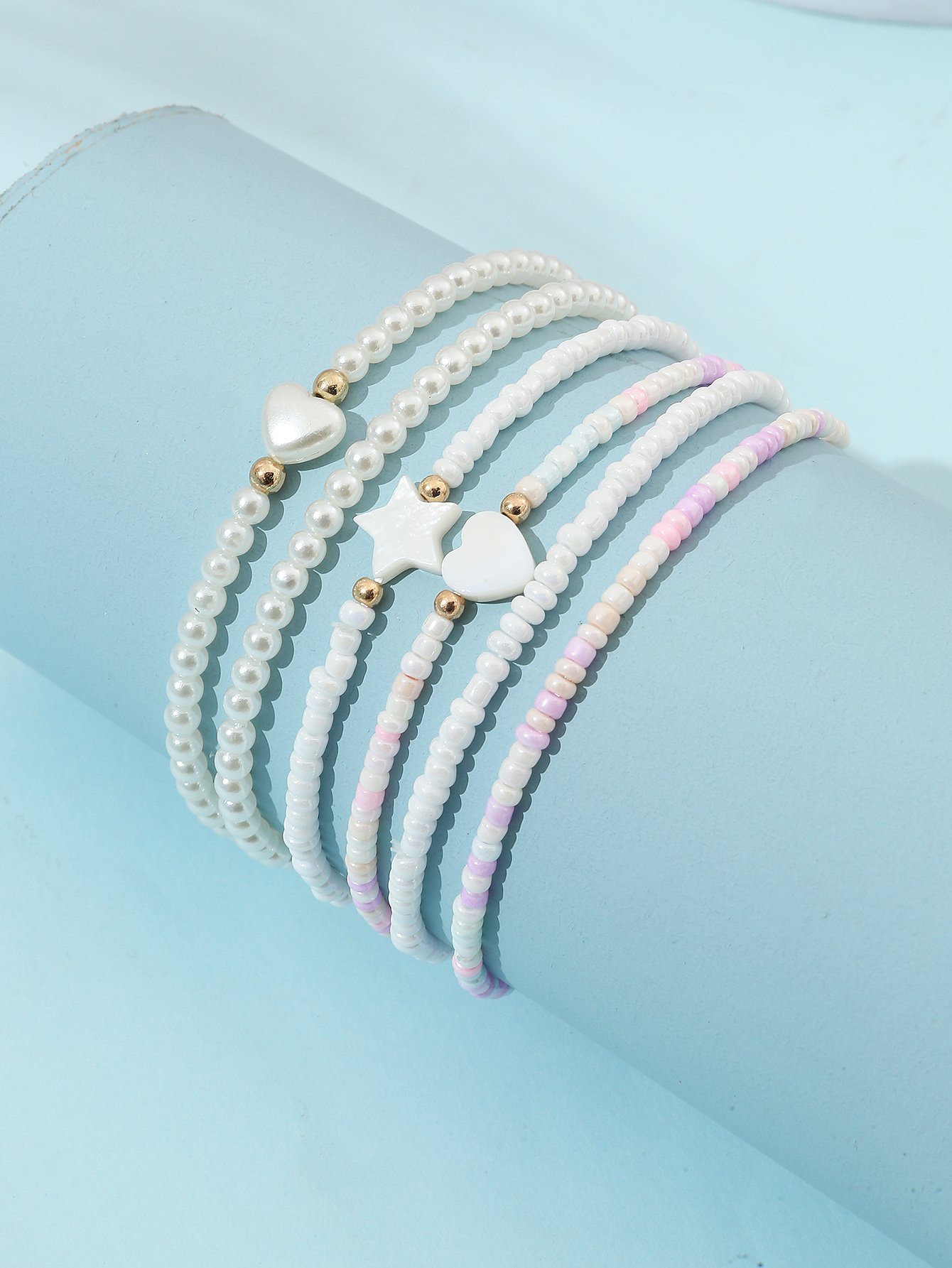 Pack of 6 - Girls White Pearl Beaded Bracelets with Multi Charms