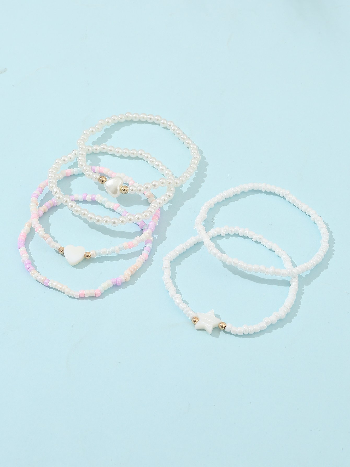 Pack of 6 - Girls White Pearl Beaded Bracelets with Multi Charms