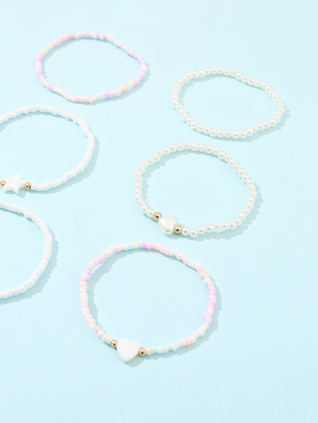 Pack of 6 - Girls White Pearl Beaded Bracelets with Multi Charms