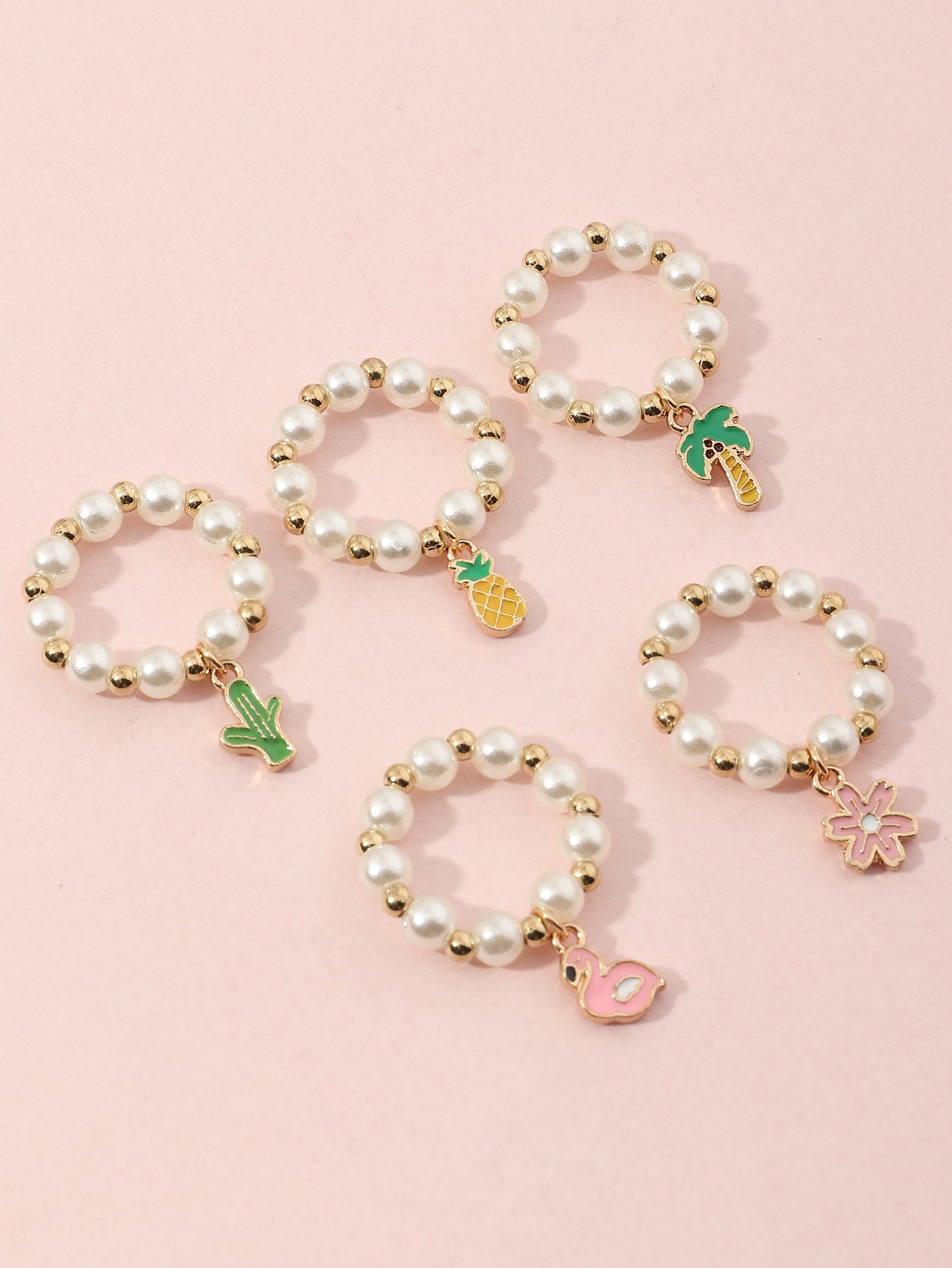 Girls Set of 5 - Pearl Beaded Rings