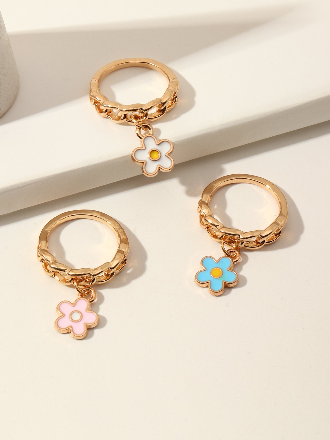 Girls Set of 3 - Flower Charm Rings