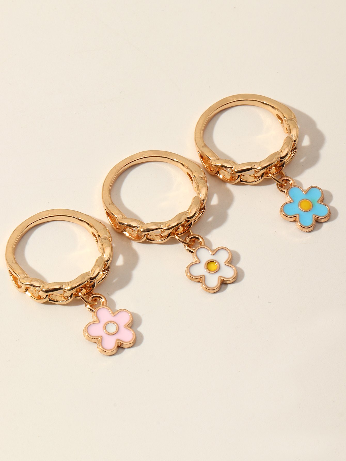 Girls Set of 3 - Flower Charm Rings
