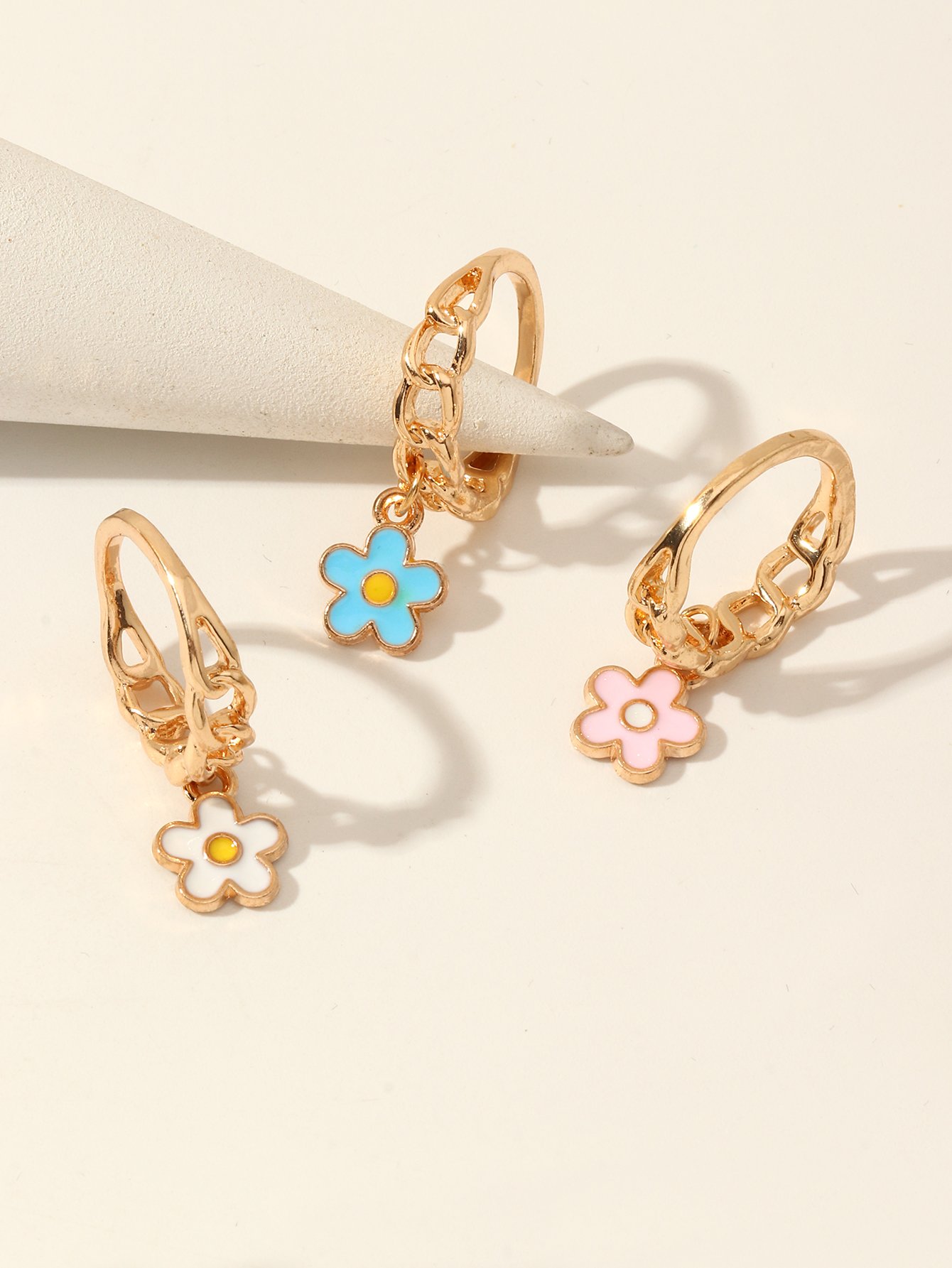 Girls Set of 3 - Flower Charm Rings