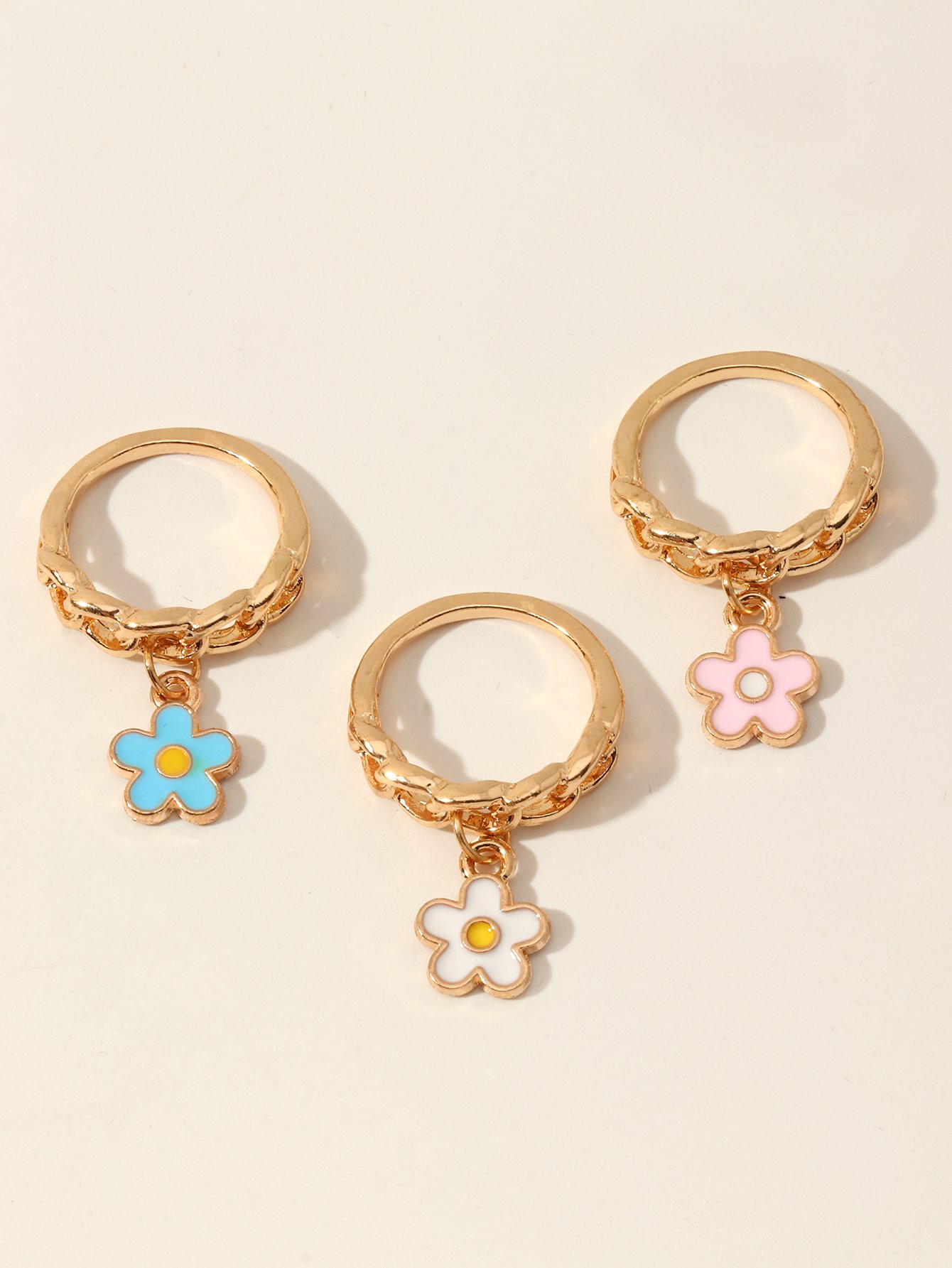 Girls Set of 3 - Flower Charm Rings