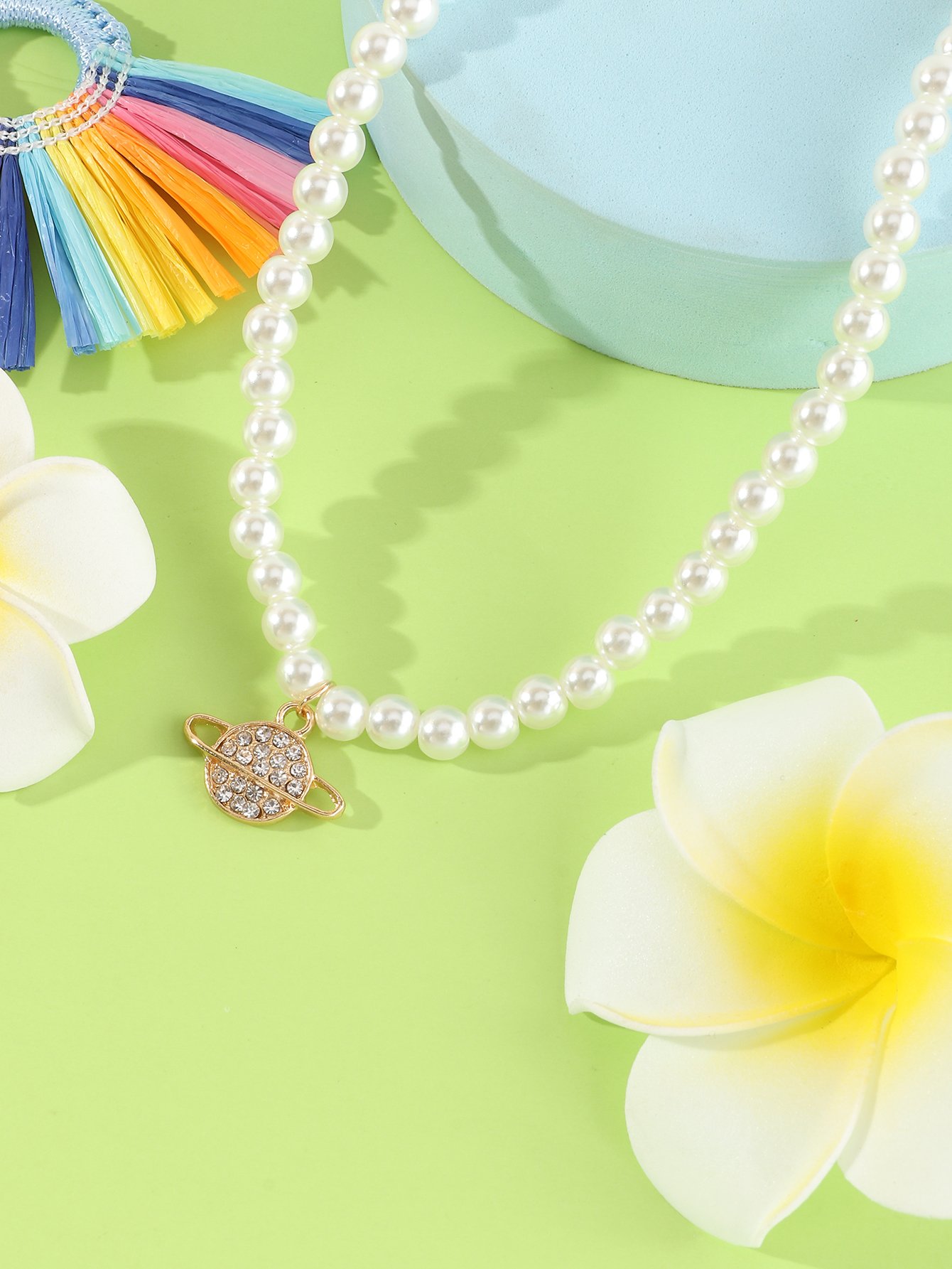 Girls Multi-Color Planet Rhinestone Embellished Charm Pearl Beaded Necklace