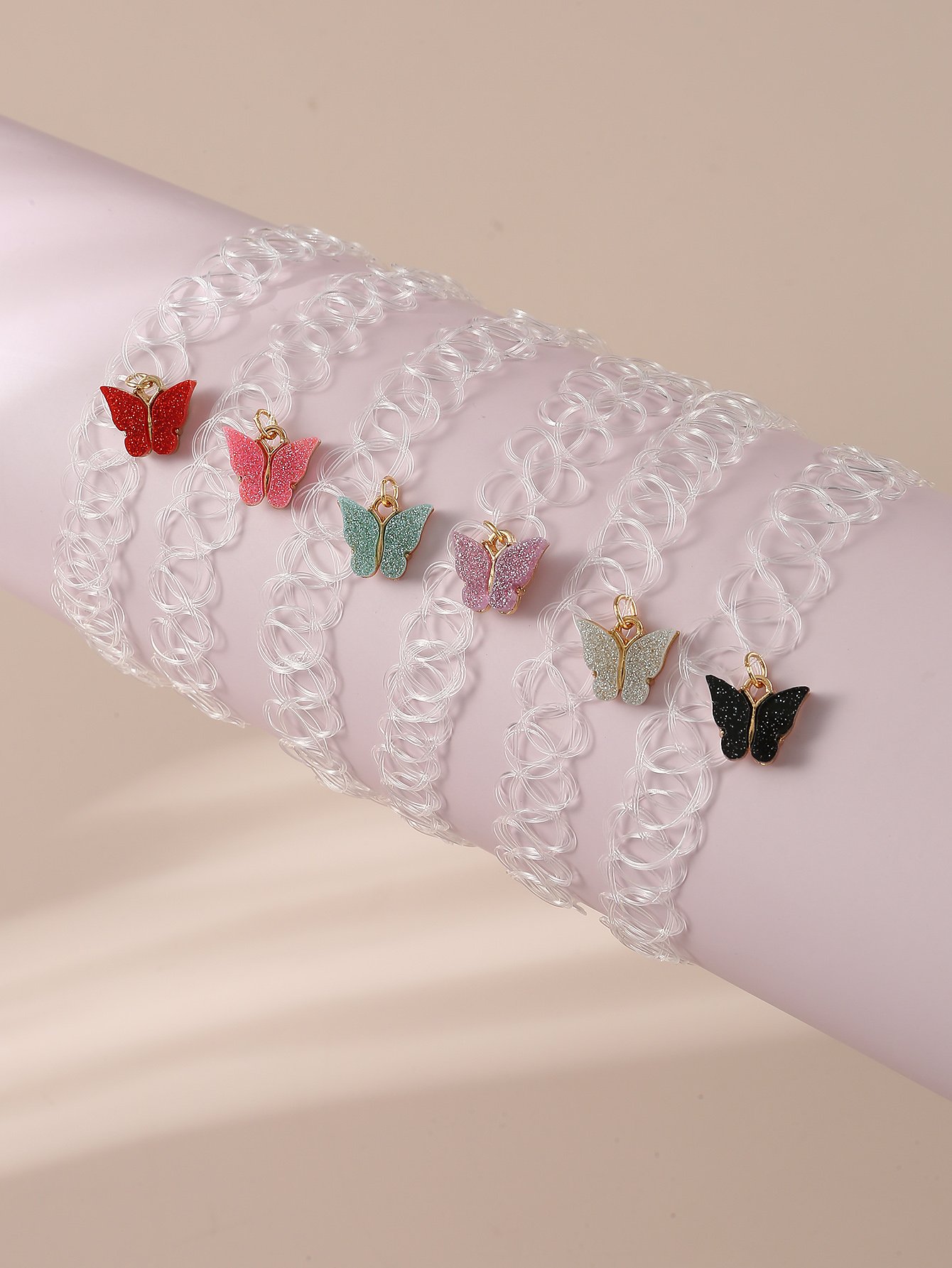 Pack of 6 - Girls Multi-Color Glitter Butterfly Pendant Choker Necklaces