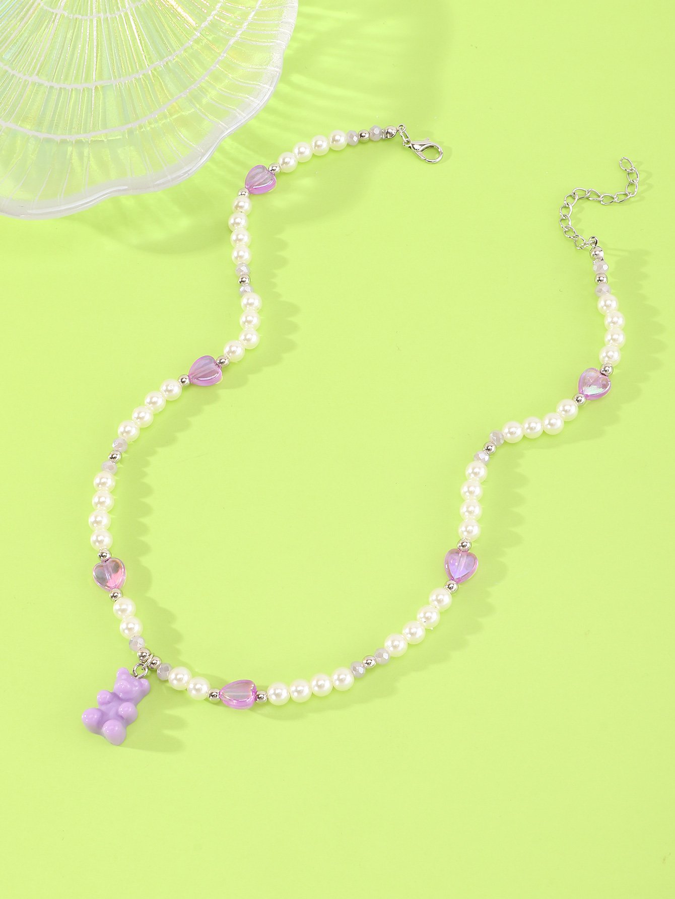 Girls Multi-Color Bear and Hear Charms Pearl Beaded Necklace