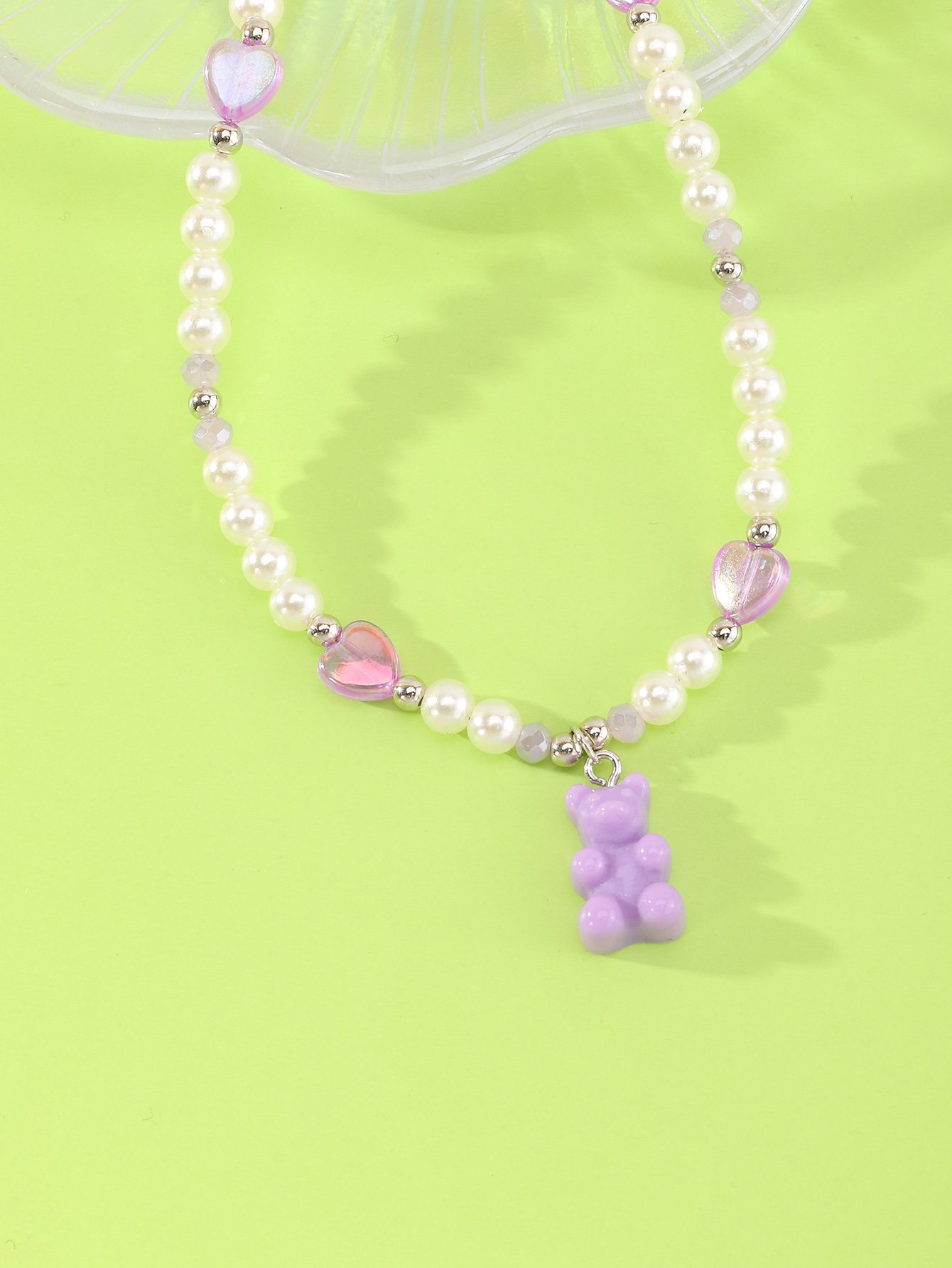 Girls Multi-Color Bear and Hear Charms Pearl Beaded Necklace
