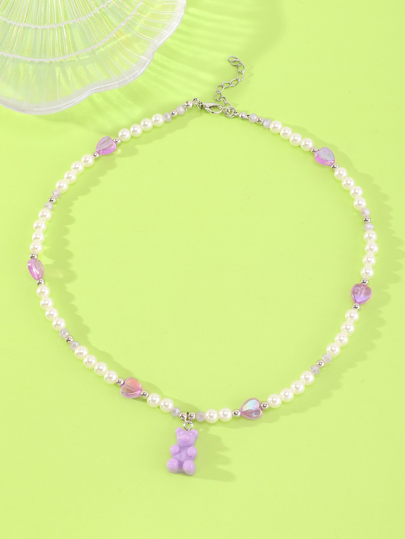 Girls Multi-Color Bear and Hear Charms Pearl Beaded Necklace