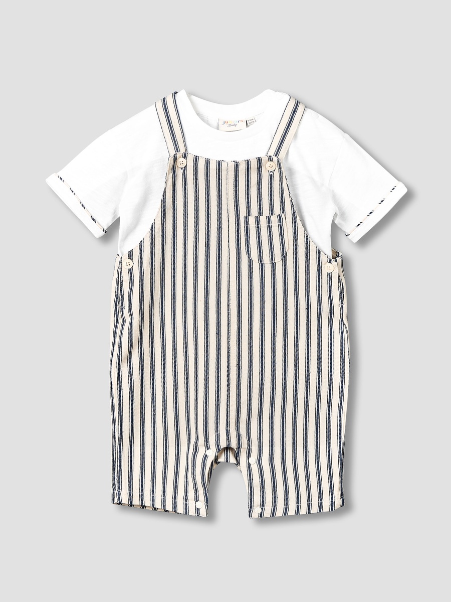 Crew Neck Short Sleeve T-Shirt and Dungaree Set with Pocket