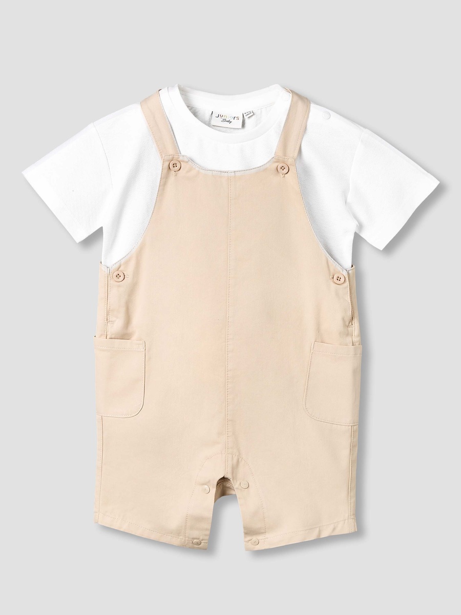 Crew Neck Short Sleeves T-Shirt and Dungaree Set with Pockets
