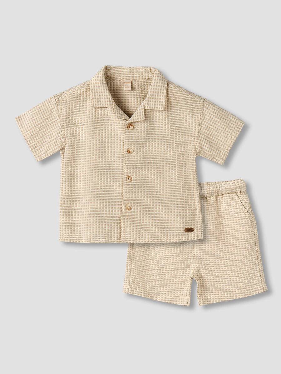 Collared Short Sleeve Shirt and Shorts Set with Waffle Texture