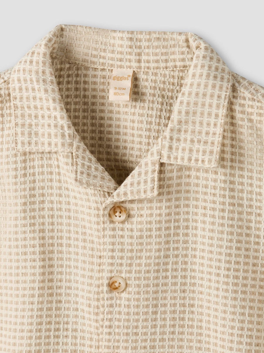 Collared Short Sleeve Shirt and Shorts Set with Waffle Texture