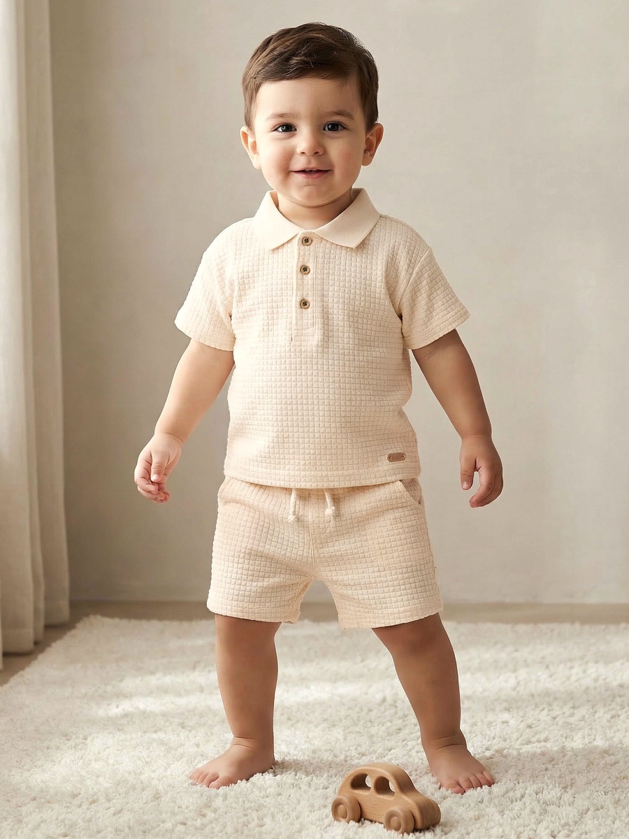 Collared Short Sleeve Polo T-Shirt and Shorts Set with Texture