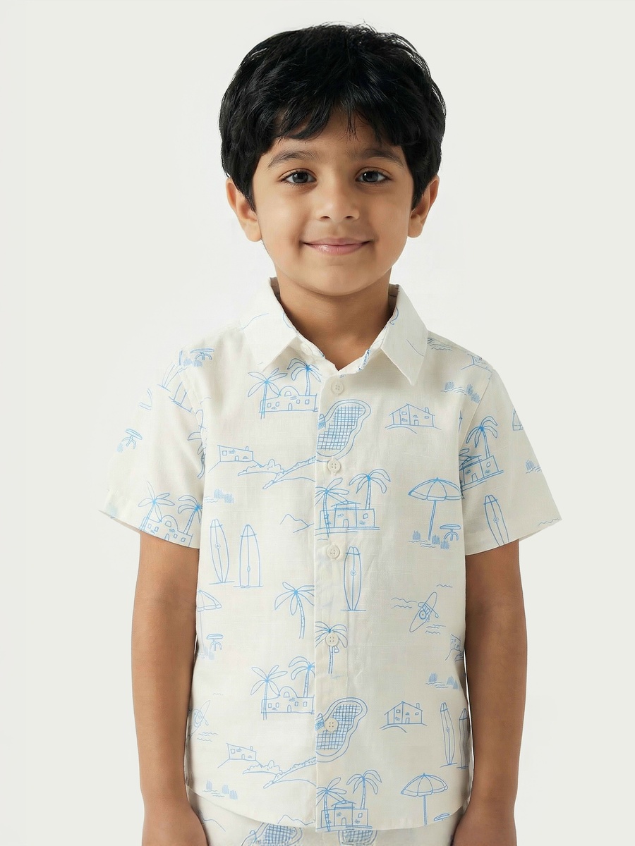 Collared Short Sleeves Shirt and Shorts Set with Print