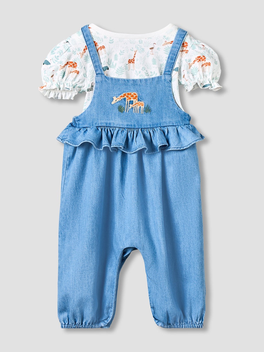 Round Neck Short Sleeves T-Shirt and Dungaree Set with Giraffe Embroidery