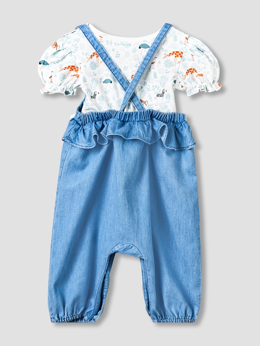 Round Neck Short Sleeves T-Shirt and Dungaree Set with Giraffe Embroidery