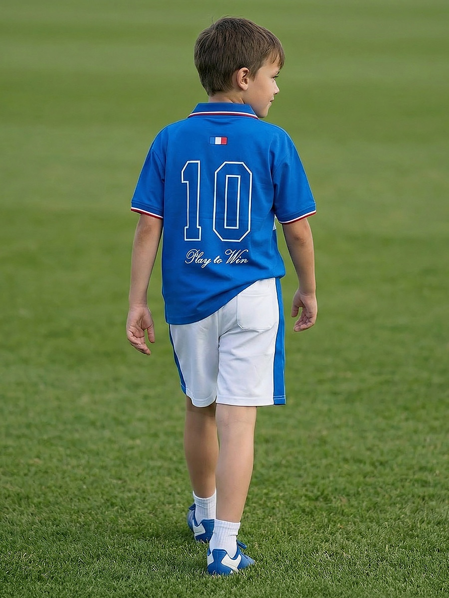 Collared Short Sleeves T-Shirt and Shorts Set with France Football Print
