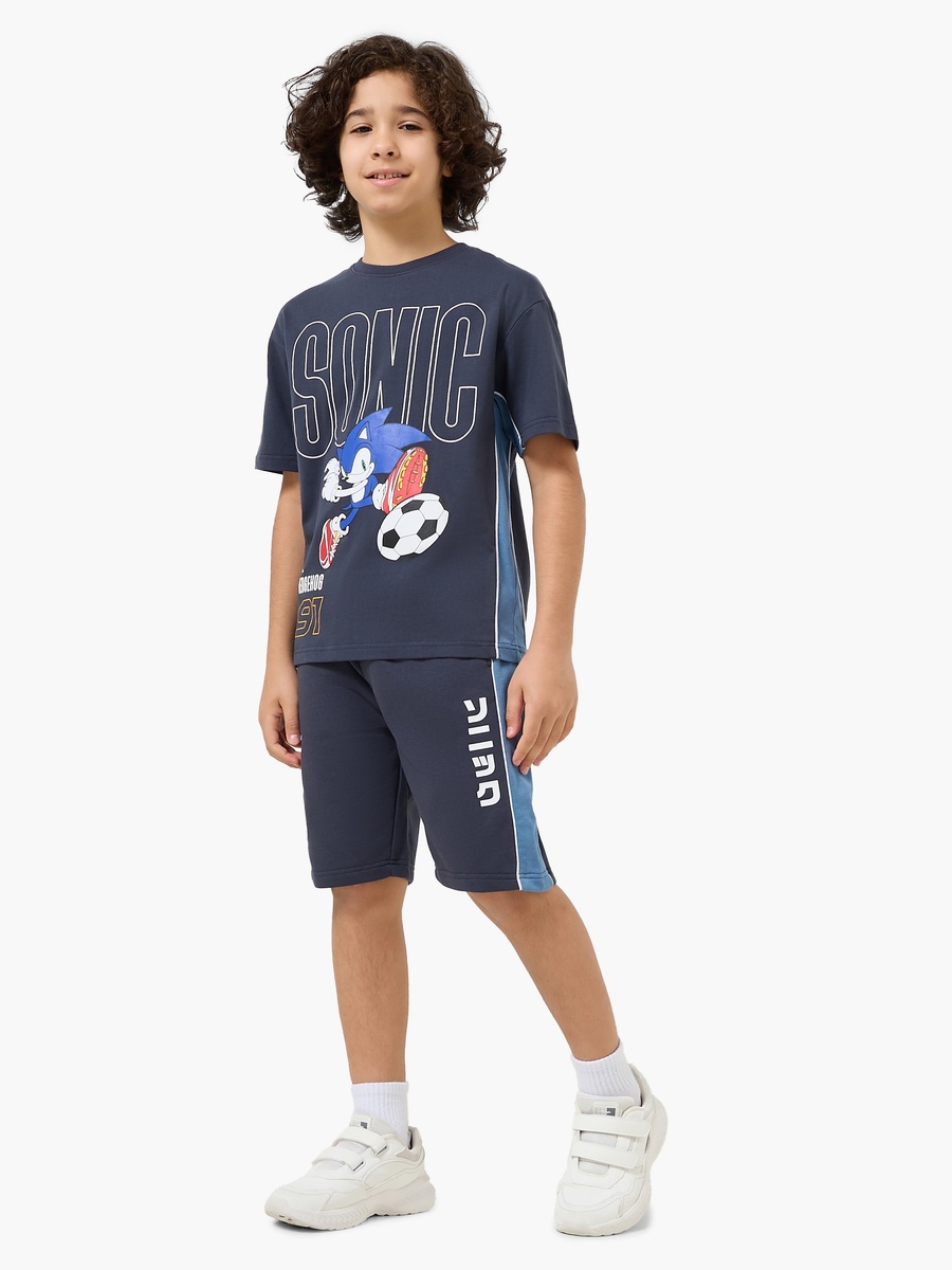 Round Neck Short Sleeves T-Shirt and Shorts Set with Sonic Print