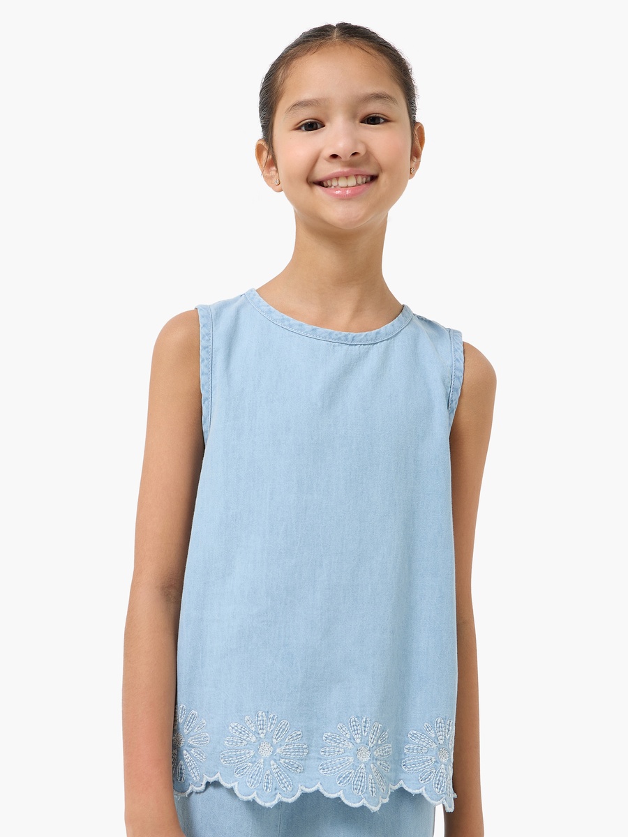 Crew Neck Sleeveless Top and Pants Set with Embroidery