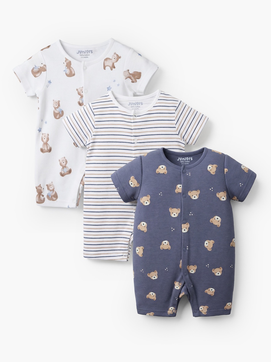 Pack of 3 Round Neck Short Sleeves Romper with Bear Print