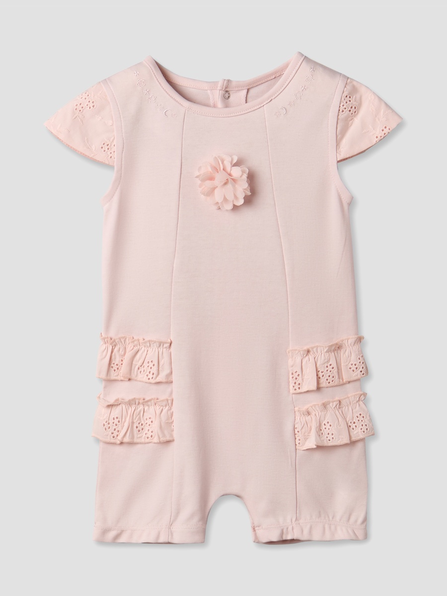 Round Neck Short Sleeves Romper with Embroidered Ruffles