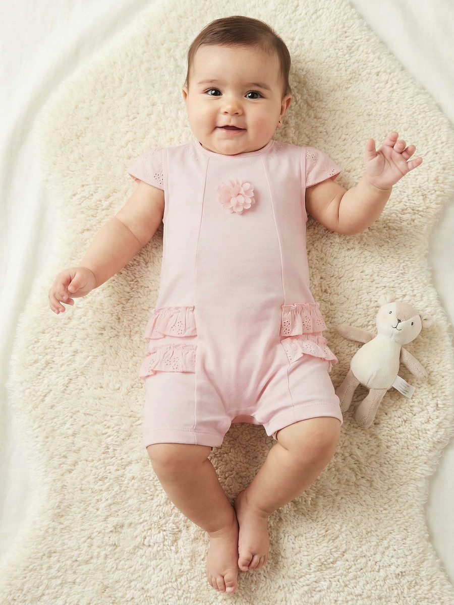 Round Neck Short Sleeves Romper with Embroidered Ruffles