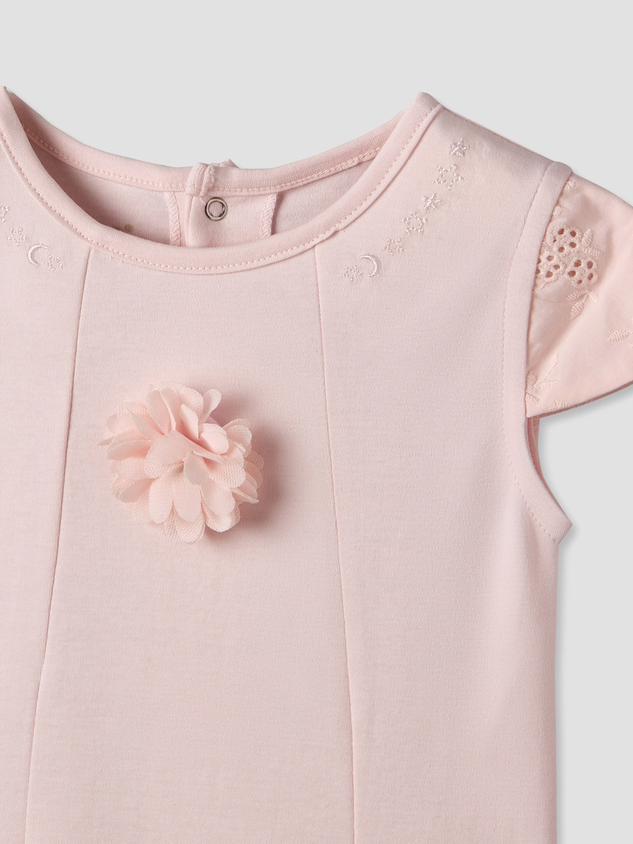 Round Neck Short Sleeves Romper with Embroidered Ruffles
