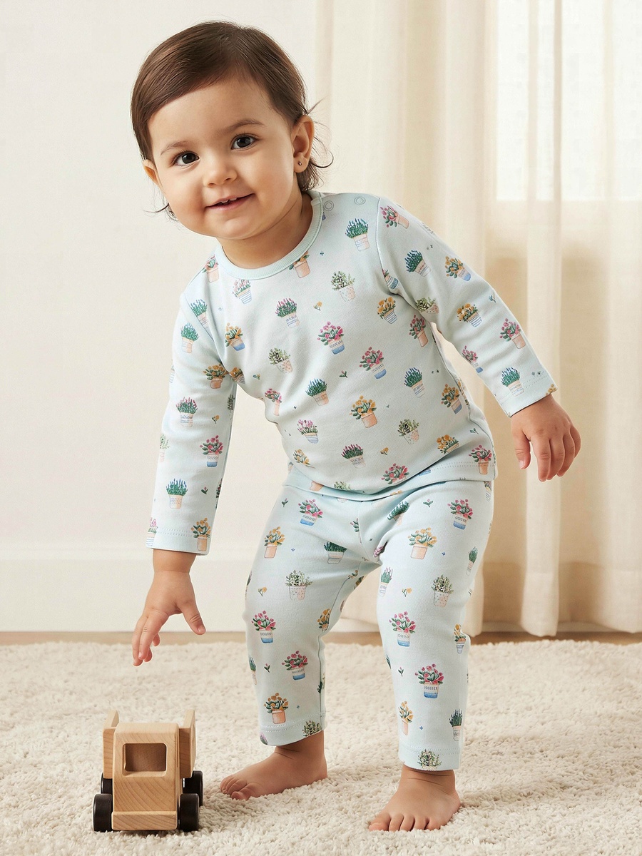 Cotton Round Neck Long Sleeves Pyjama Set with Flower Pot Print