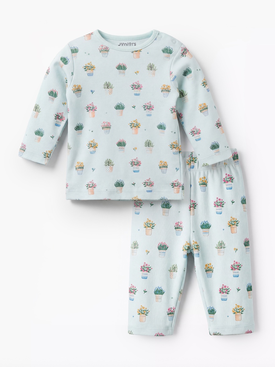 Cotton Round Neck Long Sleeves Pyjama Set with Flower Pot Print