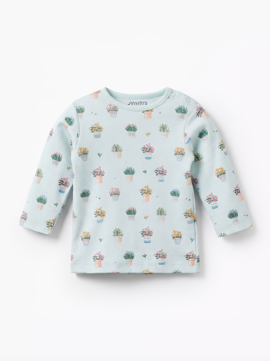 Cotton Round Neck Long Sleeves Pyjama Set with Flower Pot Print