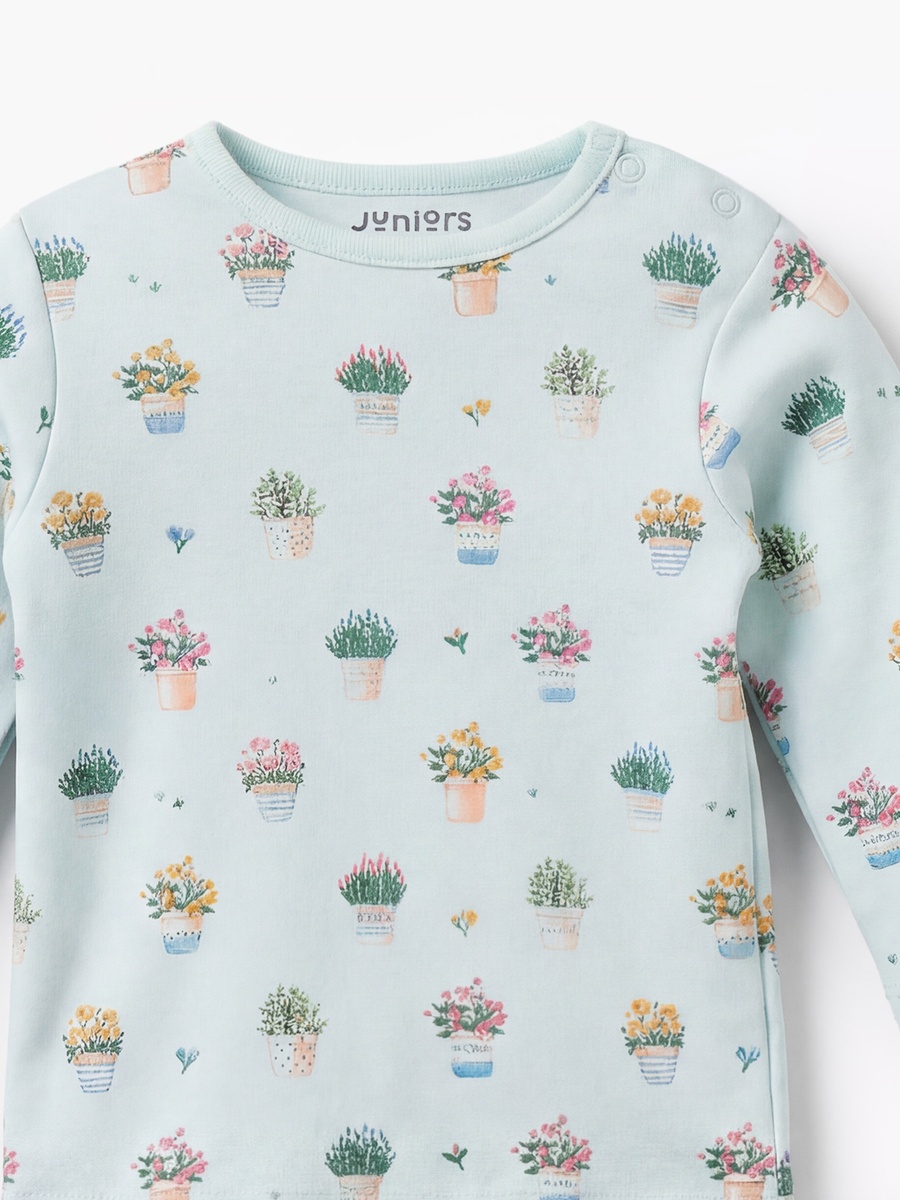 Cotton Round Neck Long Sleeves Pyjama Set with Flower Pot Print