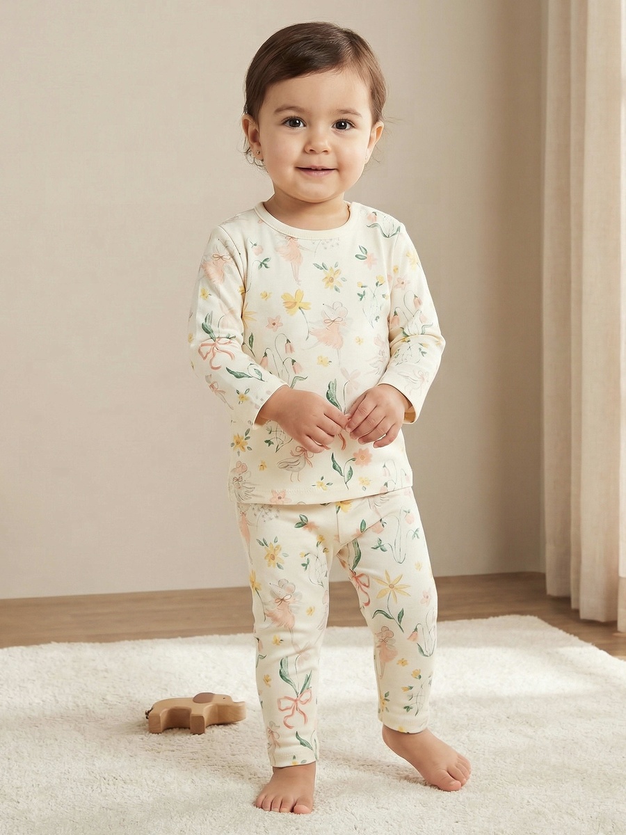 Cotton Round Neck Long Sleeves Pyjama Set with Botanical Print
